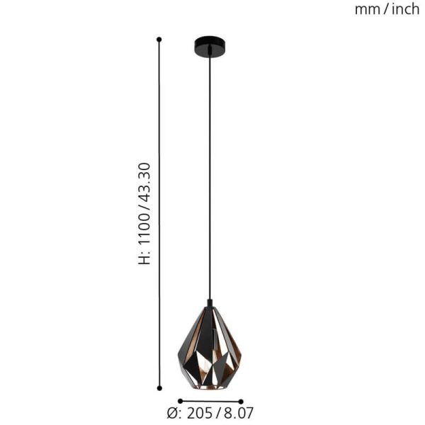 Medidas Lámpara Colgante CARLTON 1 de Metal Negro y Cobre | Diseño Vintage Moderno Ø 20,5Cm Eglo
