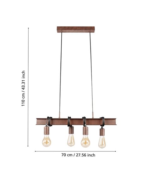 Candeeiro suspenso com viga de aço antigo TOWNSHEND 4, 4xE27, estilo industrial castanho