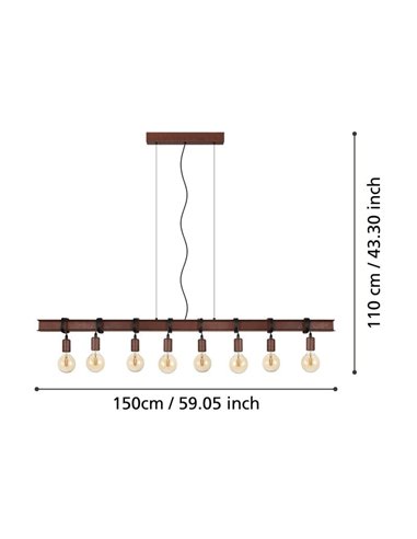 Luminária pendente composta por viga de aço antiga TOWNSHEND 4, 8 casquilhos E27, industrial, marrom