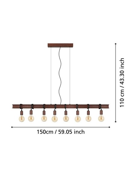 Lampe à suspension composée d'une poutre en acier antique TOWNSHEND 4, 8 douilles E27, industrielle, marron