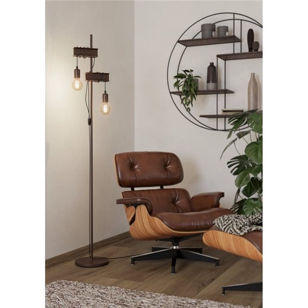 Candeeiro de pé estilo industrial com vigas castanhas TOWNSHEND 4, com 2 casquilhos E27