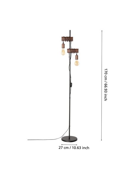 Candeeiro de pé estilo industrial com vigas castanhas TOWNSHEND 4, com 2 casquilhos E27