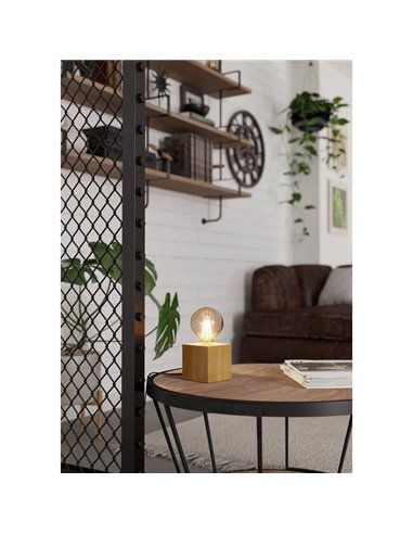Lámpara de sobremesa cubo de madera natural PRESTWICK 2, E27 