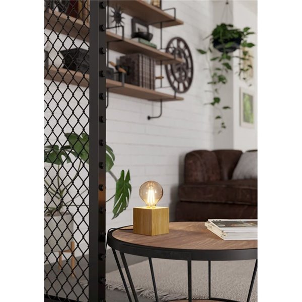 Lámpara de sobremesa cubo de madera natural PRESTWICK 2, E27 