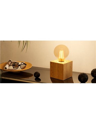 Lámpara de sobremesa cubo de madera natural PRESTWICK 2, E27 