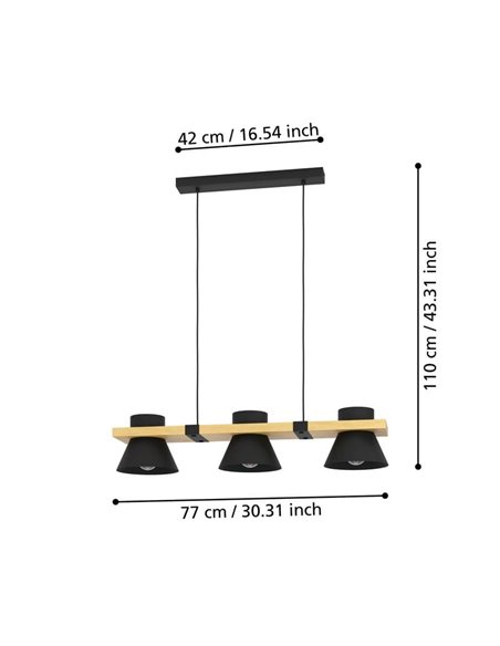 Lámpara colgante de madera y acero negro MACCLES, 3 Luces E27
