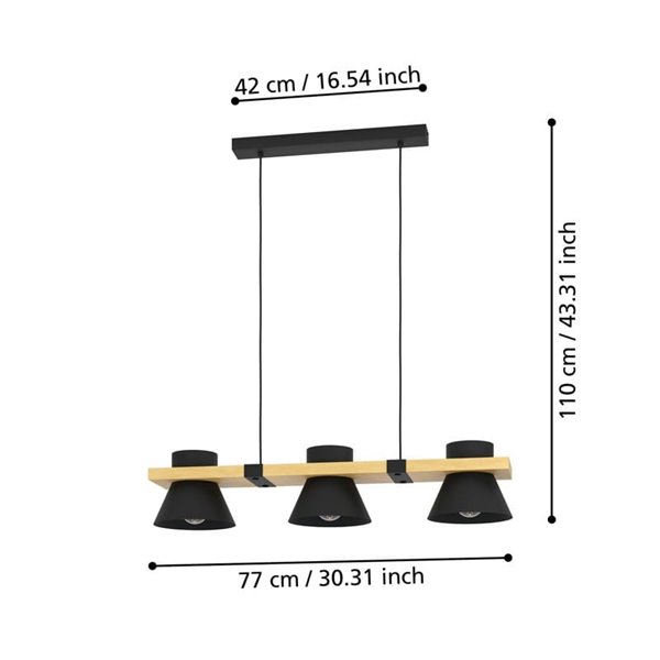 Lámpara colgante de madera y acero negro MACCLES, 3 Luces E27