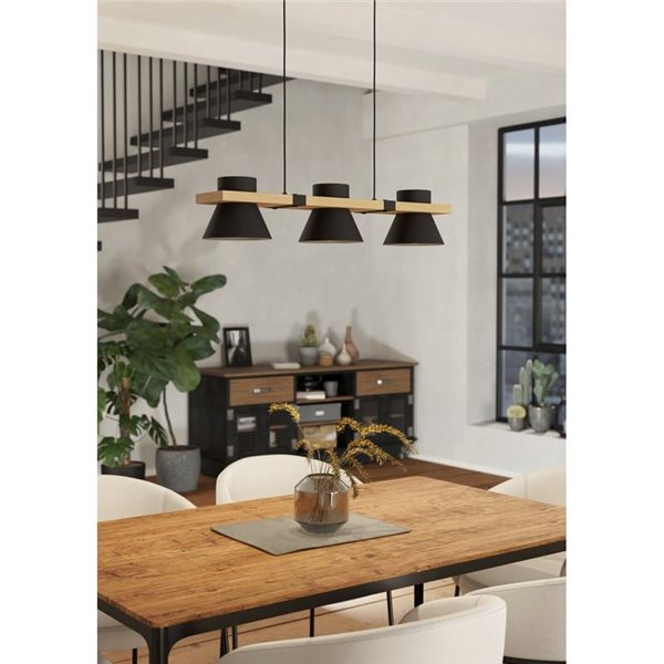 Lámpara colgante de madera y acero negro MACCLES, 3 Luces E27