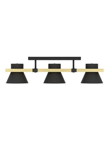 Candeeiro de teto com base de madeira e 3 casquilhos de metal preto MACCLES, E27