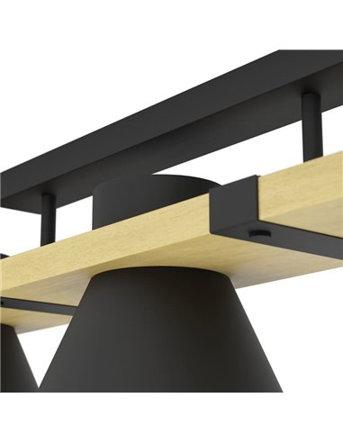 Candeeiro de teto com base de madeira e 3 casquilhos de metal preto MACCLES, E27