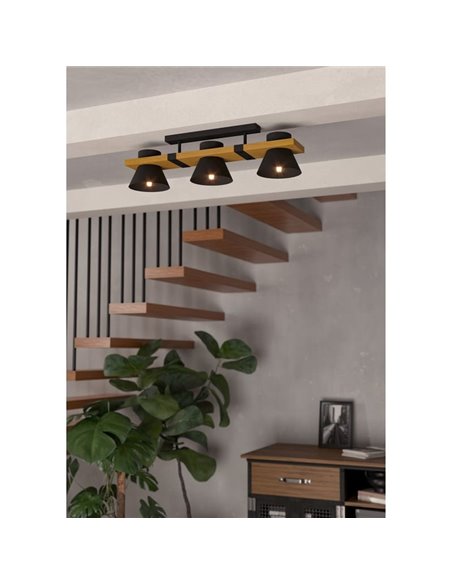 Plafonnier avec socle en bois et 3 douilles en métal noir MACCLES, E27