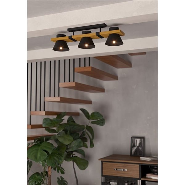 Plafonnier avec socle en bois et 3 douilles en métal noir MACCLES, E27