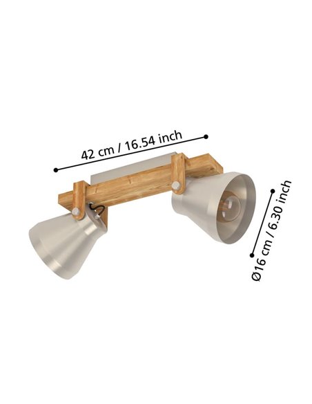 Aplique de parede e teto CAWTON, 2 luzes giratórias E27, madeira e metal creme