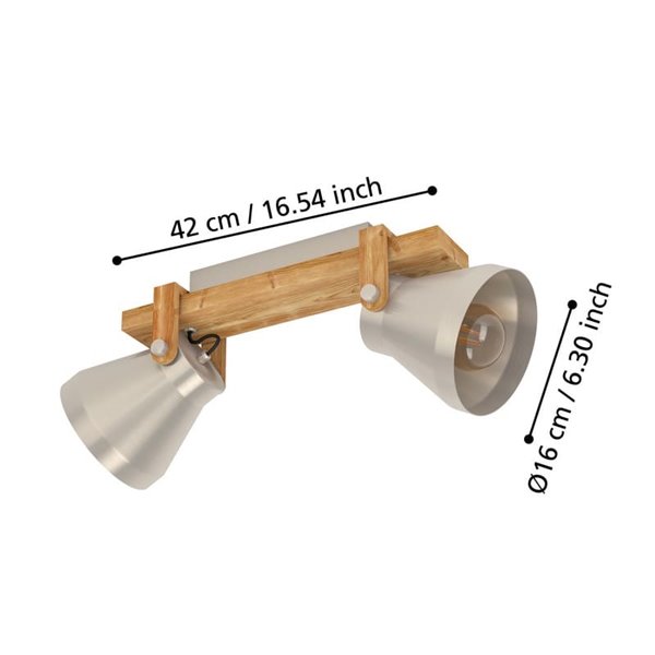 Aplique de pared y techo CAWTON, 2 Luces E27 giratorio, madera y metal color crema
