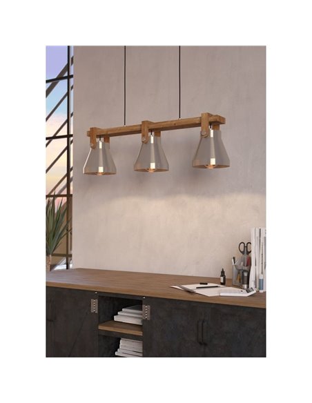 Luminária pendente com 3 casquilhos E27 CAWTON, madeira e metal creme