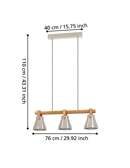 Lámpara colgante con 3 portalámparas E27 CAWTON, madera y metal color crema