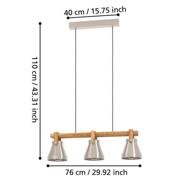 Lámpara colgante con 3 portalámparas E27 CAWTON, madera y metal color crema