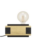 Lámpara de mesa de madera flameada y metal negro LAYHAM, con 1 Luz E27