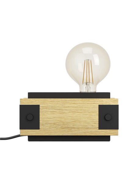 Lámpara de mesa de madera flameada y metal negro LAYHAM, con 1 Luz E27