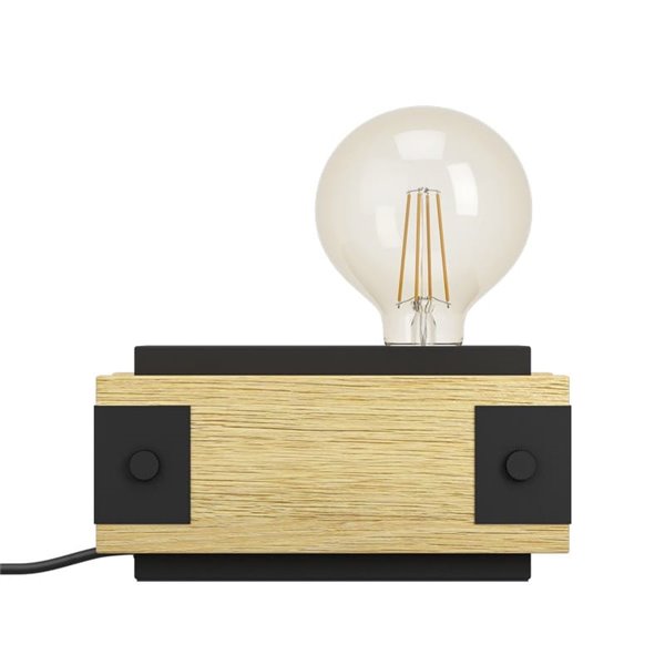Lámpara de mesa de madera flameada y metal negro LAYHAM, con 1 Luz E27