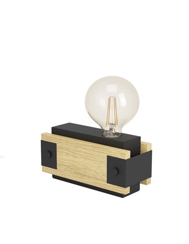 Lámpara de mesa de madera flameada y metal negro LAYHAM, con 1 Luz E27