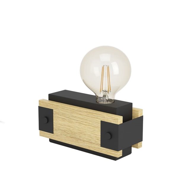 Lámpara de mesa de madera flameada y metal negro LAYHAM, con 1 Luz E27