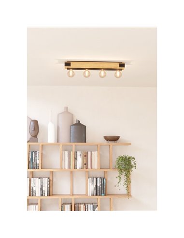 Lámpara de techo de madera flameada y metal negro LAYHAM, con 4 Luces E27, 76cm de largo