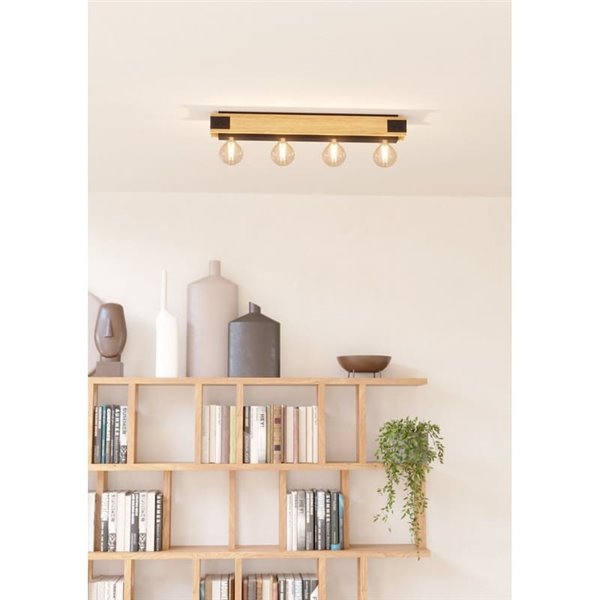 Lámpara de techo de madera flameada y metal negro LAYHAM, con 4 Luces E27, 76cm de largo