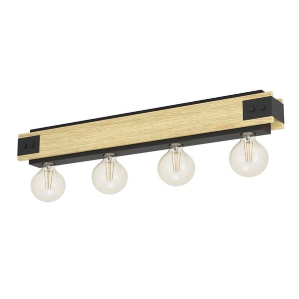 Lámpara de techo de madera flameada y metal negro LAYHAM, con 4 Luces E27, 76cm de largo