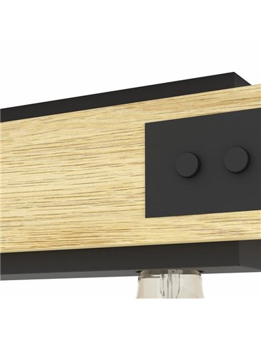 Lámpara de techo de madera flameada y metal negro LAYHAM, con 4 Luces E27, 76cm de largo