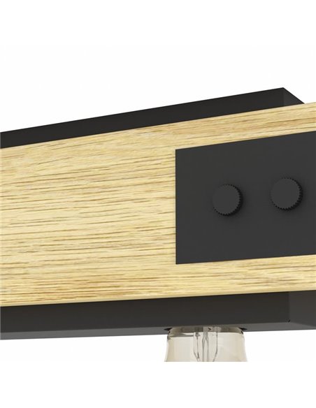 Lámpara de techo de madera flameada y metal negro LAYHAM, con 4 Luces E27, 76cm de largo