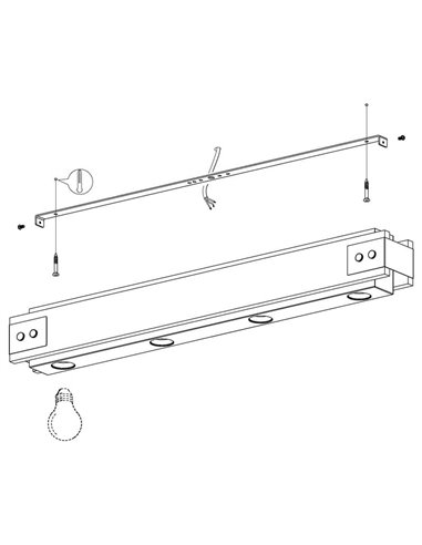 Candeeiro de teto LAYHAM em madeira flamejada e metal preto, com 4 luzes E27, 76cm de comprimento