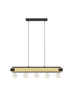 Lámpara colgante LAYHAM, de madera flameada y metal negro con 5 Luces E27