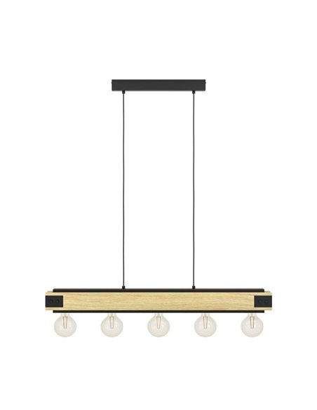 Lámpara colgante LAYHAM, de madera flameada y metal negro con 5 Luces E27