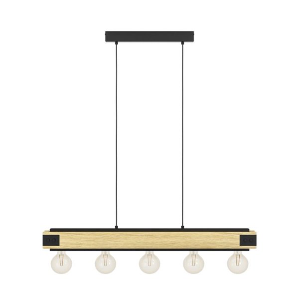Lámpara colgante LAYHAM, de madera flameada y metal negro con 5 Luces E27