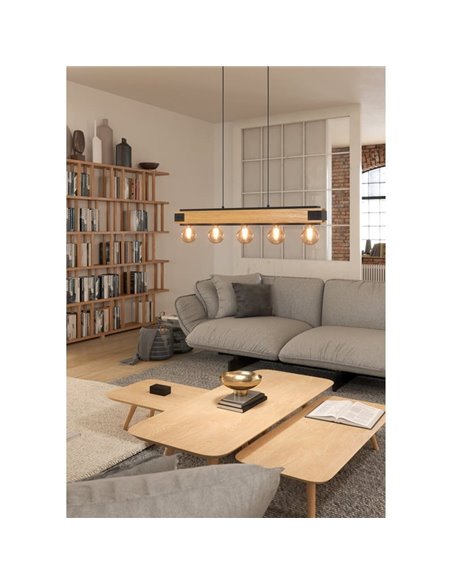 Luminária pendente LAYHAM, feita de madeira flamejada e metal preto com 5 luzes E27