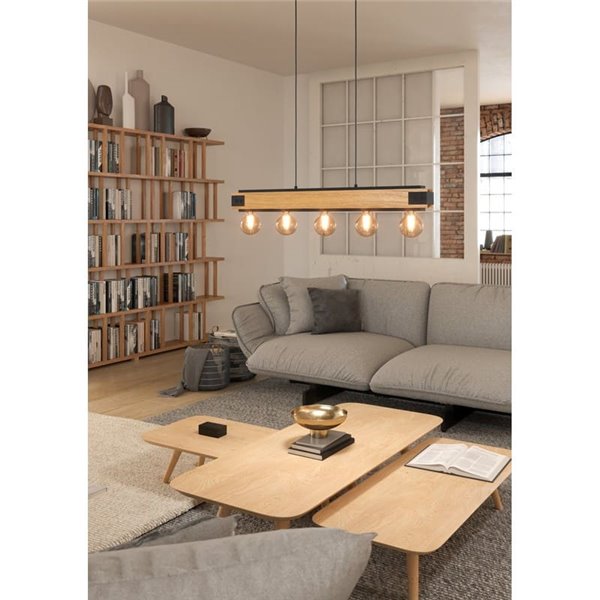 Lámpara colgante LAYHAM, de madera flameada y metal negro con 5 Luces E27