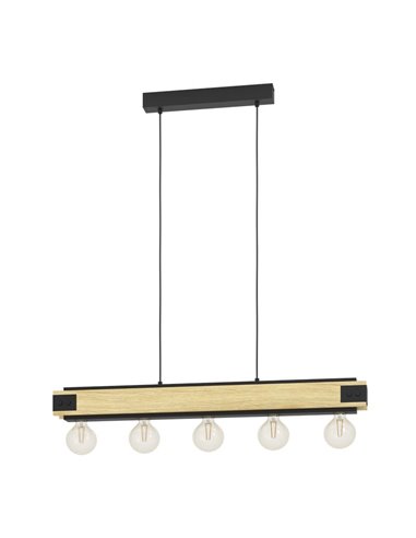 Lámpara colgante LAYHAM, de madera flameada y metal negro con 5 Luces E27