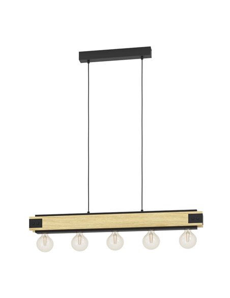 Lámpara colgante LAYHAM, de madera flameada y metal negro con 5 Luces E27