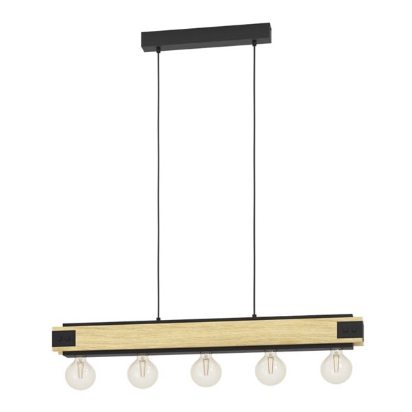 Lampe à suspension LAYHAM, en bois flammé et métal noir avec 5 Lumières E27