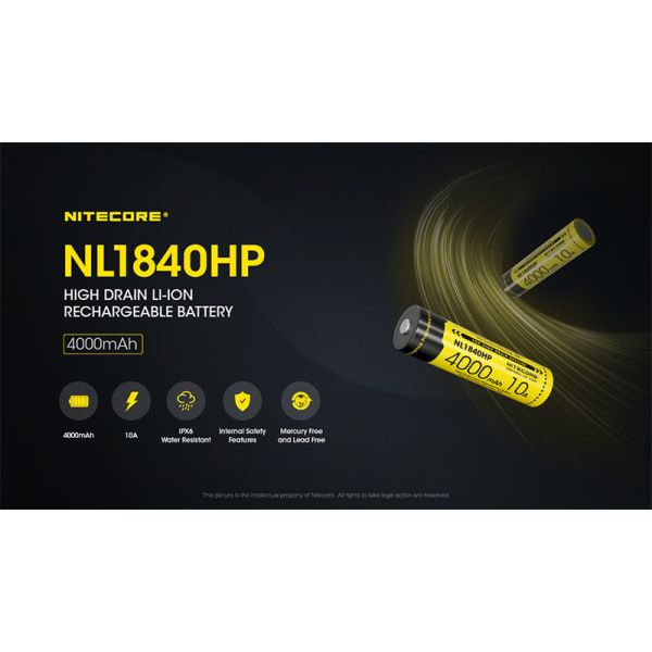 Bateria de íon-lítio Nitecore NL1840HP 4000mAh 18650 recarregável 10A de alta capacidade