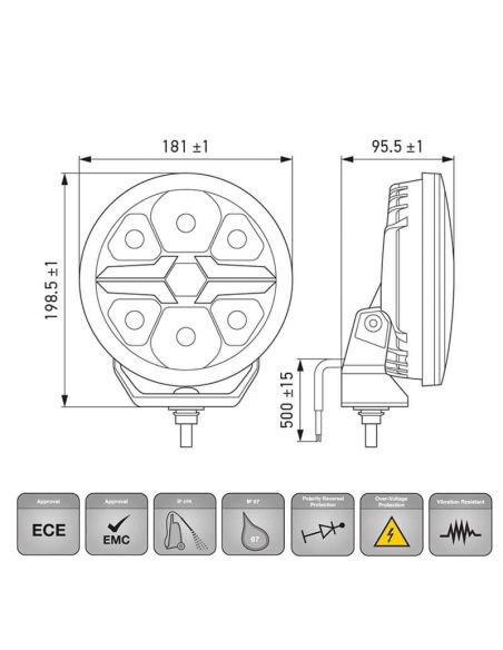 Dimensiones Faro LED 7" Homologado Blade Negro - Luz de Posición Blanca - Ambar y Largo Alcance R10, R149, R148
