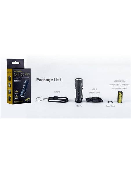 Lampe de poche LED portable MT1C PRO très compacte 88 mm de long 1000 lm rechargeable USB-C IP68