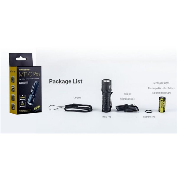 Lanterna LED portátil MT1C PRO muito compacta 88 mm de comprimento 1000Lm recarregável USB-C IP68