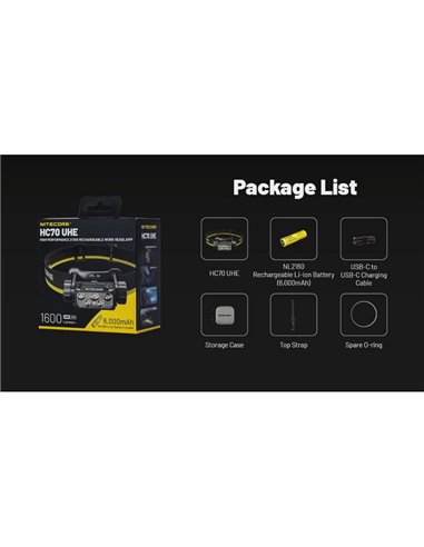 Lampe frontale LED HC70 UHE batterie Li-on rechargeable 1600lm 156 mètres