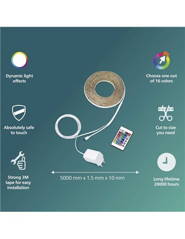 Tira de luz LED 5m RGB regulable, blanco con mando a distancia