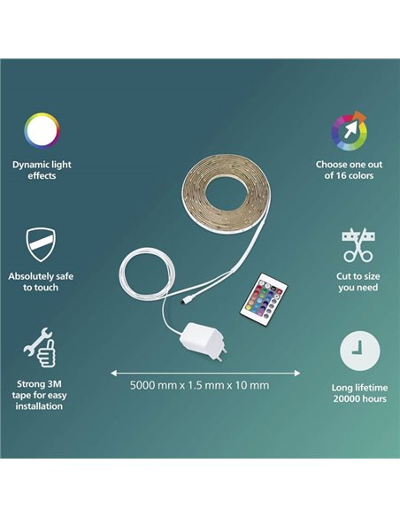 Tira de luz LED 5m RGB regulable, blanco con mando a distancia
