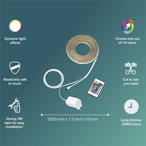 Faixa de luz LED RGB regulável de 5 m, branca com controle remoto