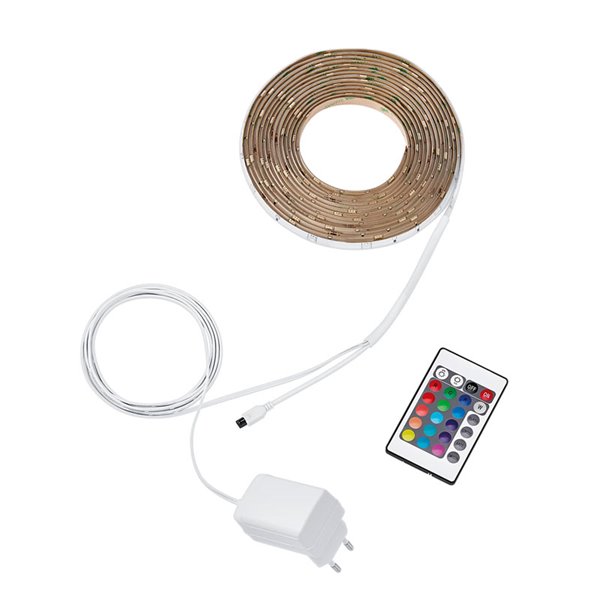 Tira de luz LED 5m RGB regulable, blanco con mando a distancia