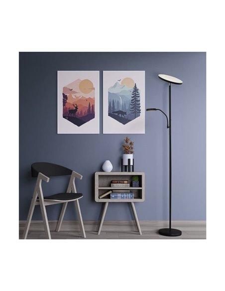 Lámpara de pie LED de metal negro con brazo lector, DENZEL 30+6W, 3000Lm, CCT dimable con mando a distancia imantado